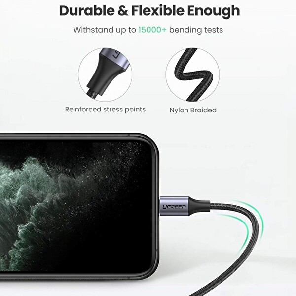 Ugreen Örgülü Type-C To Lightning 2 Metre Siyah Hızlı Şarj Kablosu