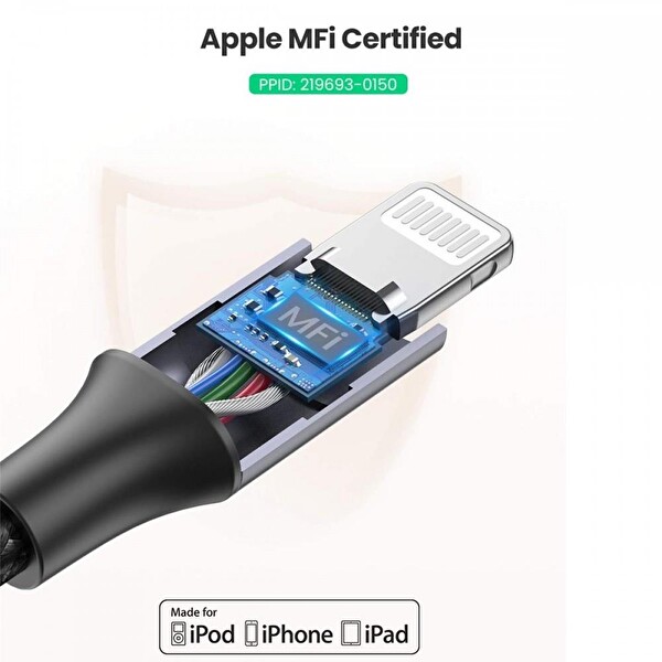 Ugreen Örgülü Type-C To Lightning 2 Metre Siyah Hızlı Şarj Kablosu
