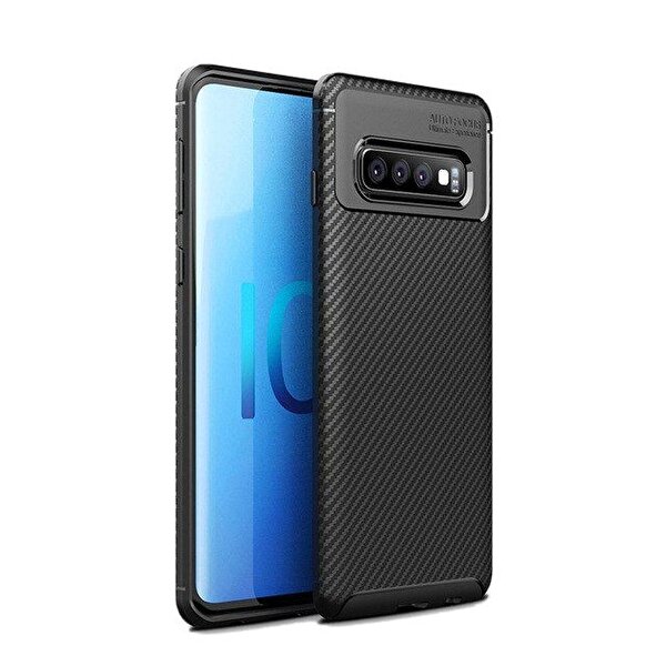 Teleplus Samsung Galaxy S10 Negro Karbon Silikon Siyah Kılıf + Tam Yapışan Cam