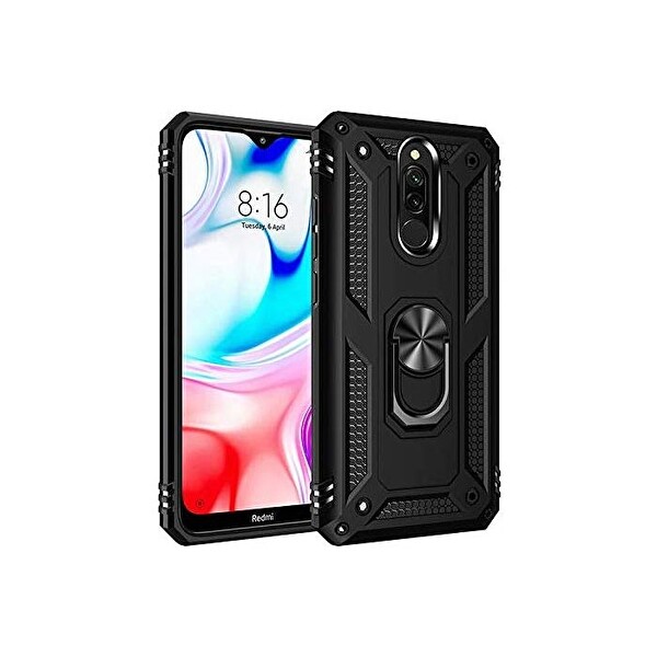 Xiaomi Redmi 8A Kılıf Vega Yüzüklü Çift Katmanlı Tank Kapak Siyah + Nano Ekran Koruyucu