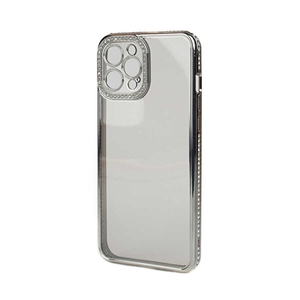Gpack Apple iPhone 13 Pro Max Kamera Korumalı Taşlı Mina Silikon Gümüş Kılıf