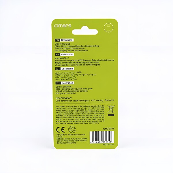 Omars OMCB003 3 A Type-C Siyah Hızlı Şarj ve Data Kablosu