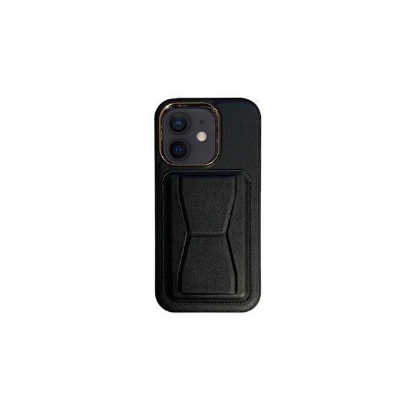 Teleplus iPhone 12 Moda Suni Deri Kartlıklı Standlı Kapak Siyah Kılıf