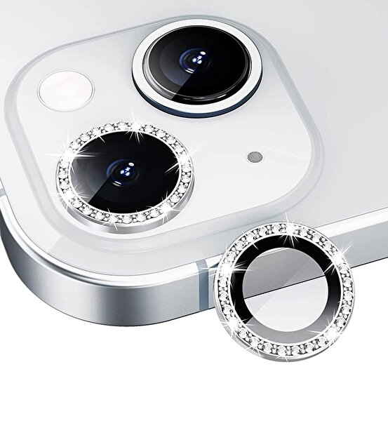 Eiroo iPhone 14 Plus Crystal Silver Taşlı Kamera Lensi Koruyucu