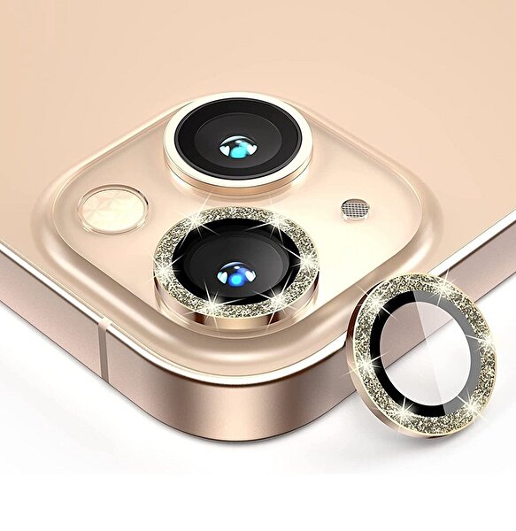 Eiroo iPhone 14 Plus Crystal Gold Taşlı Kamera Lensi Koruyucu