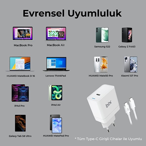 Bix BX-UC65WFTA 65 W PD Hızlı Şarj Adaptörü Ve E-Mark Çipli 2 M USB-C Kablo