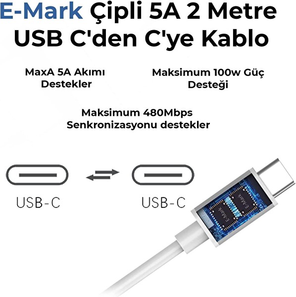 Bix BX-UC65WFTA 65 W PD Hızlı Şarj Adaptörü Ve E-Mark Çipli 2 M USB-C Kablo