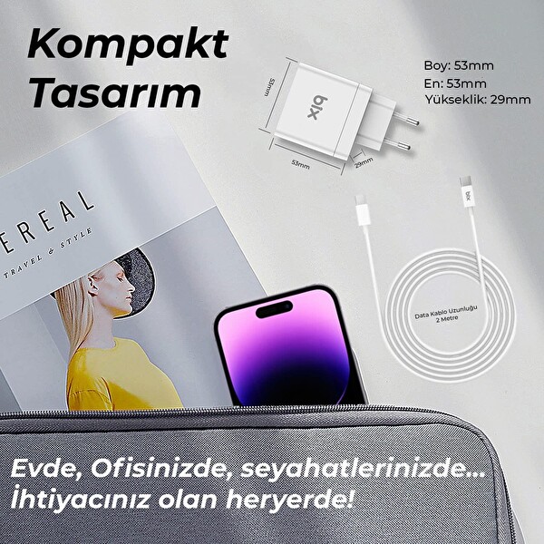 Bix BX-UC65WFTA 65 W PD Hızlı Şarj Adaptörü Ve E-Mark Çipli 2 M USB-C Kablo