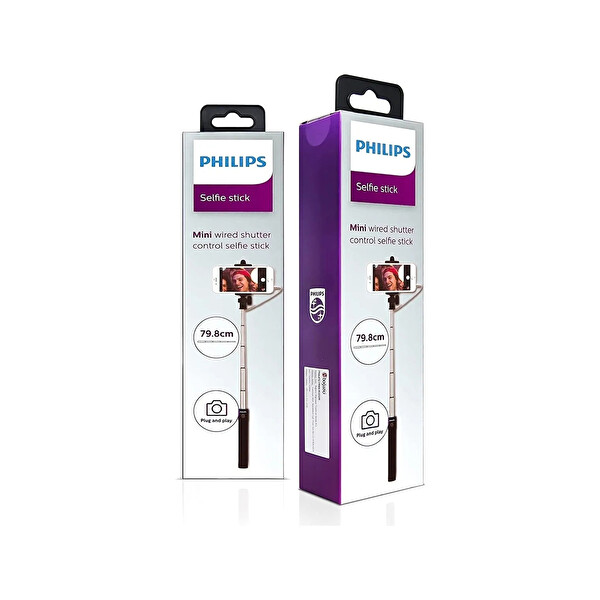 Philips Yeni Type-C to 3.5mm Jack Dönüştürücü 270 Derece Dönebilen Premium Lila Selfie Çubuğu