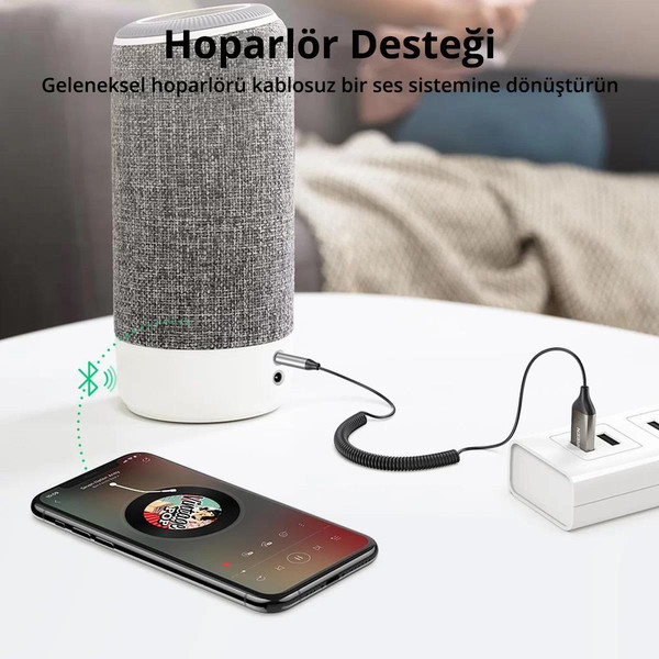 Ugreen Mikrofonlu 3.5MM Aux Bluetooth 5.0 Alıcı Adaptör Araç Kiti