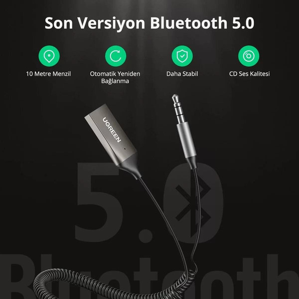 Ugreen Mikrofonlu 3.5MM Aux Bluetooth 5.0 Alıcı Adaptör Araç Kiti