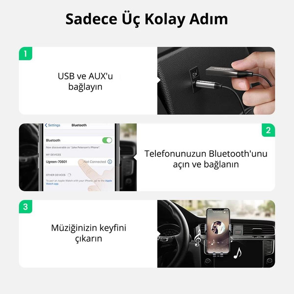 Ugreen Mikrofonlu 3.5MM Aux Bluetooth 5.0 Alıcı Adaptör Araç Kiti
