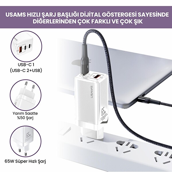 Usams Mac- Tu Serisi Hızlı Şarj Kiti US-CC110 65W GaN Şarj Başlığı - US-SJ459 100W Type-C to Type-C Şarj ve Data Kablosu
