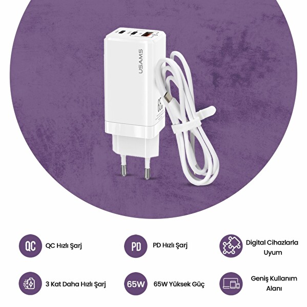 Usams Mac- Tu Serisi Hızlı Şarj Kiti US-CC110 65W GaN Şarj Başlığı - US-SJ459 100W Type-C to Type-C Şarj ve Data Kablosu