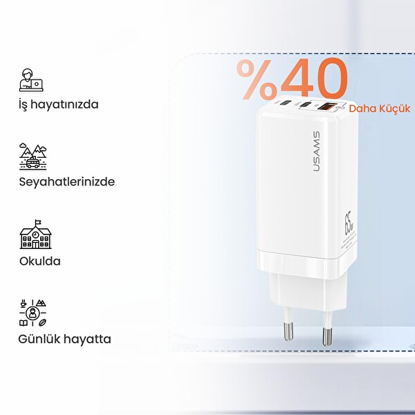 Usams Mac- Tu Serisi Hızlı Şarj Kiti US-CC110 65W GaN Şarj Başlığı - US-SJ459 100W Type-C to Type-C Şarj ve Data Kablosu