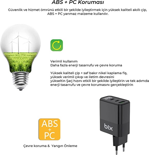 Bix 65W USB Type-C QC 4.0 PD 3.0 LED Göstergeli GAN 3 Portlu Siyah Hızlı Şarj Cihazı