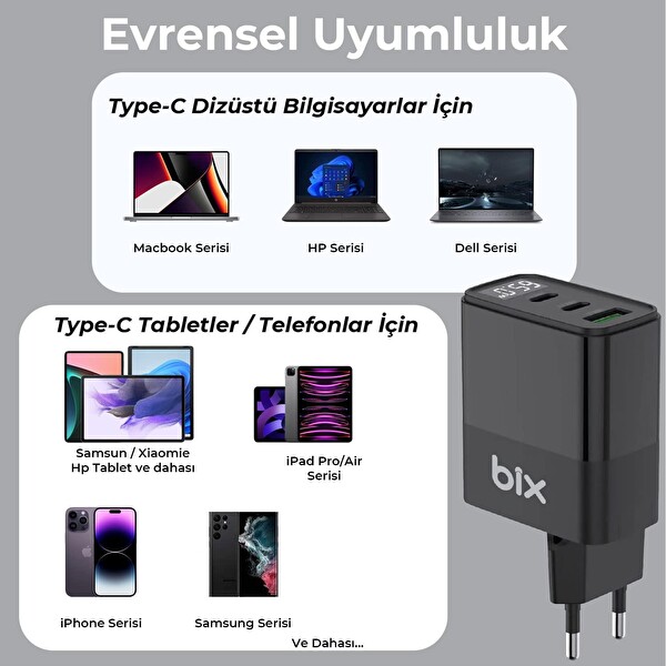 Bix 65W USB Type-C QC 4.0 PD 3.0 LED Göstergeli GAN 3 Portlu Siyah Hızlı Şarj Cihazı