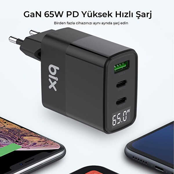 Bix 65W USB Type-C QC 4.0 PD 3.0 LED Göstergeli GAN 3 Portlu Siyah Hızlı Şarj Cihazı