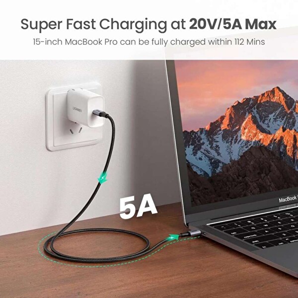 Ugreen Type-C to Type-C 100W 2 M Siyah Hızlı Şarj ve Data Kablosu