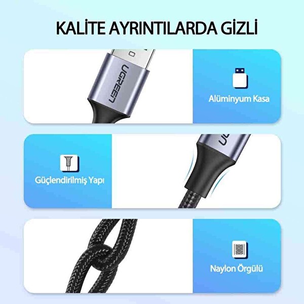 Ugreen Örgülü USB Type-C 1 M Siyah Şarj ve Data Kablosu