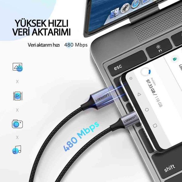 Ugreen Örgülü USB Type-C 50 CM Siyah Şarj ve Data Kablosu