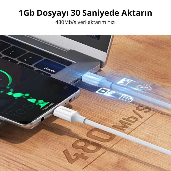 Ugreen Type-C 100W 5A PD 1 M Beyaz Hızlı Şarj ve Data Kablosu