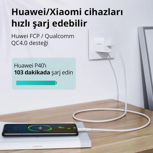 Ugreen Type-C 100W 5A PD 1 M Beyaz Hızlı Şarj ve Data Kablosu
