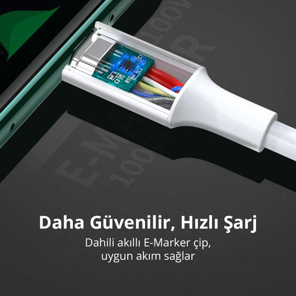 Ugreen Type-C 100W 5A PD 1 M Beyaz Hızlı Şarj ve Data Kablosu