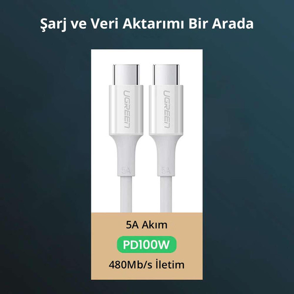 Ugreen Type-C 100W 5A PD 1 M Beyaz Hızlı Şarj ve Data Kablosu