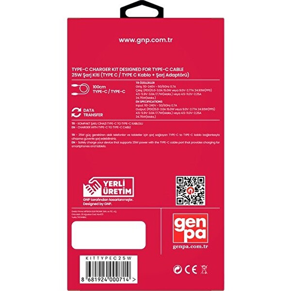 Gnp 25W Type-C Kablo Ve Şarj Cihazı Adaptör Beyaz Set