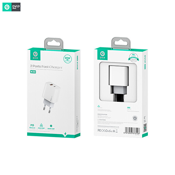 Dvip N30 20W Type-C PD - Usb-A Quick Charger Çift Çıkışlı Beyaz Şarj Aleti Başlığı