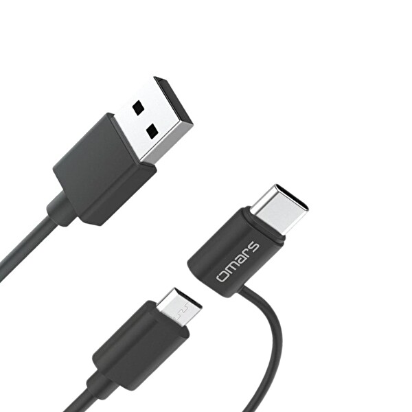 Omars 2'si 1 Arada Type-C 1.2 M Siyah Micro USB Şarj ve Data Kablosu