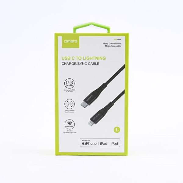 Omars iPhone Type-C To Lightning Örgülü 1 M Siyah Hızlı Şarj ve Data Kablosu