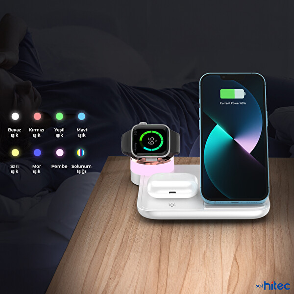 ScHitec 4'ü 1 Arada 18.5 W Kablosuz Wireless Hızlı Şarj Ünitesi ve Beyaz Gece Lambası