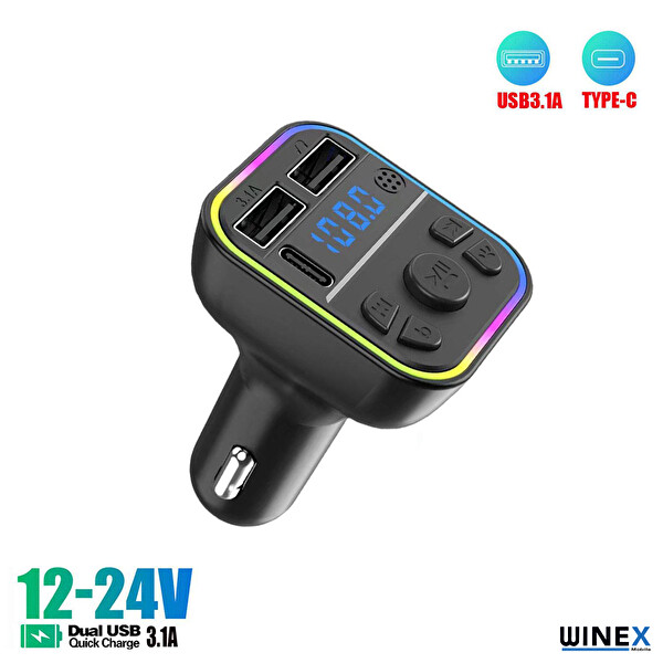 Winex G39 FM Handsfree Bluetooth Modülatör MP3 Player Type-C Çıkışlı Araç Şarj Aleti