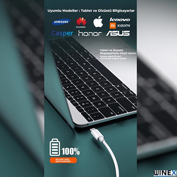 Winex 2 in 1 5A 120W Type-C To Type-C ve Lightning 120 CM Hızlı Data ve Şarj Kablosu
