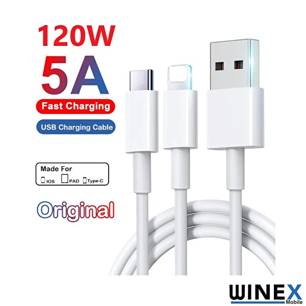 Winex 2 in 1 5A 120W USB-A To Type-C ve Lightning 120 CM Hızlı Data ve Şarj Kablosu