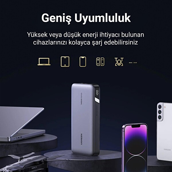 Ugreen 90597 145W 25000 mAh PD QC 3.0 LED Göstergeli USB Type-C Taşınabilir Hızlı Şarj Cihazı Powerbank