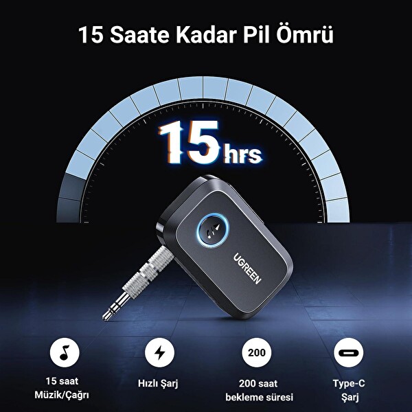 Ugreen 90748 3.5mm Aux Araç için Bluetooth 5.3 Ses Aktarım Adaptörü