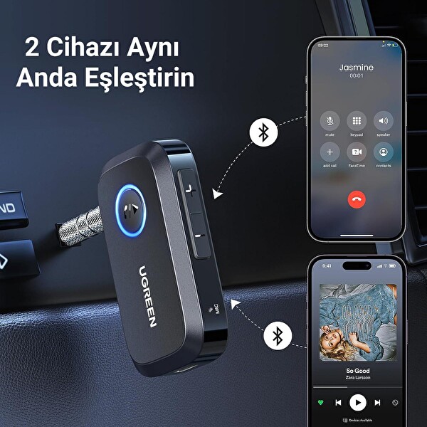 Ugreen 90748 3.5mm Aux Araç için Bluetooth 5.3 Ses Aktarım Adaptörü