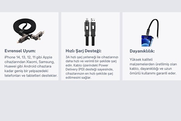 Cosmostech 4'ü 1 Arada 60 W 3 A 480 MB/s PD USB iPhone USB Type-C Siyah Hızlı Şarj ve Data Kablosu