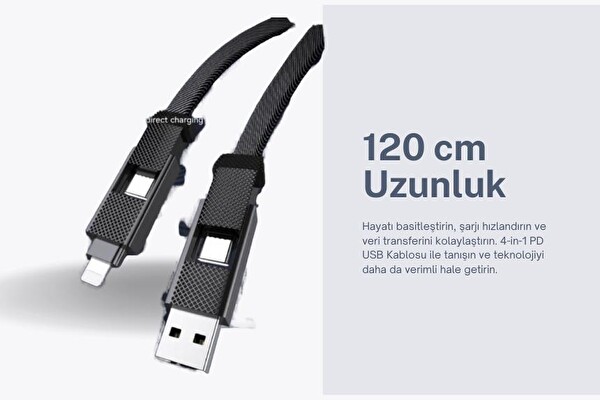 Cosmostech 4'ü 1 Arada 60 W 3 A 480 MB/s PD USB iPhone USB Type-C Siyah Hızlı Şarj ve Data Kablosu