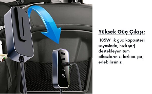 Cosmostech 105 W 5 Portlu Fast Type-C 4 USB Süper Hızlı Araba Çakmak Şarj Cihazı