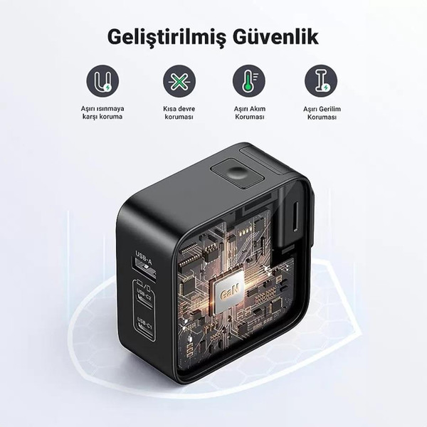 Ugreen 90409 Nexode 65W GaN 2xType-C 1xUSB-A 3 Portlu Seyahat Şarj Cihazı