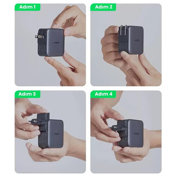 Ugreen 90409 Nexode 65W GaN 2xType-C 1xUSB-A 3 Portlu Seyahat Şarj Cihazı