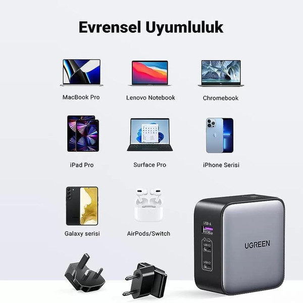 Ugreen 90409 Nexode 65W GaN 2xType-C 1xUSB-A 3 Portlu Seyahat Şarj Cihazı