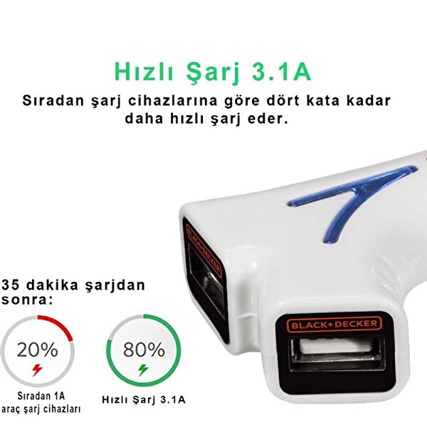 Black Decker PIUSB2BE 3.1 Amper Çift Çıkışlı USB Araç Şarj Cihazı