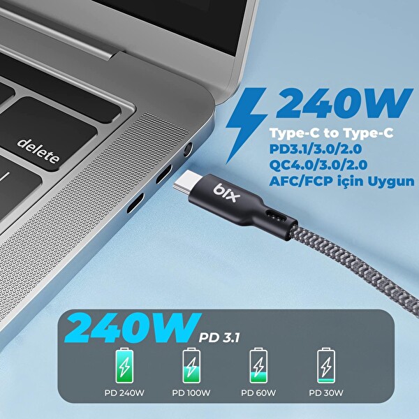 Bix BXCC240 Type-C To Type-C 240W 480 Mbps Usb-IF Sertifikalı Hi-Speed Örgülü 1.8 M Siyah Şarj Ve Data Kablosu