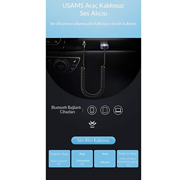 LivX Usams BA01 SJ464 Bluetooth 5.0 Receiver USB AUX Hands-Free Telefon Görüşme Wireless Araç Kiti