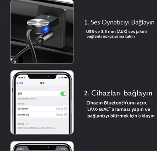 LivX Usams BA01 SJ464 Bluetooth 5.0 Receiver USB AUX Hands-Free Telefon Görüşme Wireless Araç Kiti